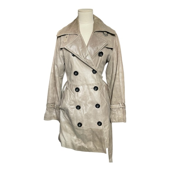 UGG Tan Distressed Lambskin Leather Trench Coat Small - Picture 1 of 9